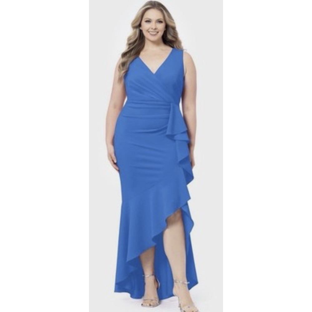 Betsy & Adam blue sleeveless high-low gown Dramatic Cascading Ruffle Size 22W